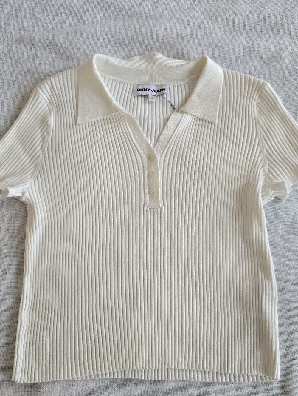 DKNY Cream Ribbed Short-Sleeve Button Up Sweater